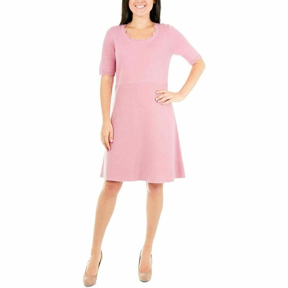 NY Collection Pink Scallop Short Sleeve Sweater